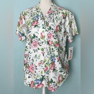 VTG Liz Claiborne Lizwear Cotton Ivory Pink Green Floral Camp Shirt Blouse M